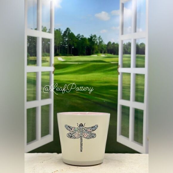 Happy Dragonfly Beige/Pink/Blue Ceramic Planter Pot - Picture 5 of 10